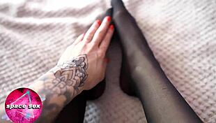 Teen fingering pussy orgasm in stockings with camera