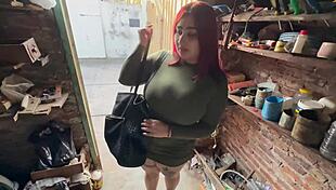 My big ass wife pays debt in mechanic shop.