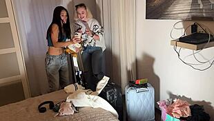 two hot girls try to make big cock cum with dice game 😜