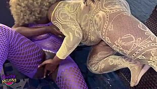 Two horny lesbian teens finger each other on the balcony until squirting