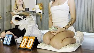 two hot girls try to make big cock cum with dice game 😜