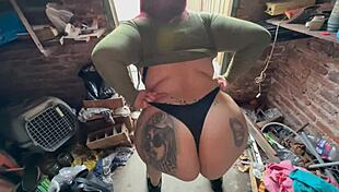 My big ass wife pays debt in mechanic shop.