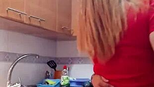 Mother-in-law in sexy clothes gets fucked in kitchen