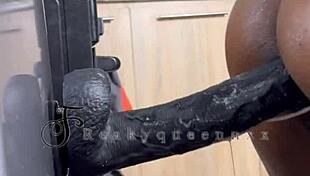 hot milf camgirl fucks 14-inch dildo on fridge in kitchen full video