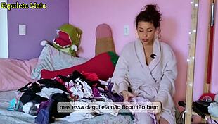 hot brazilian brunette shows her panties and lingerie collection to us