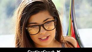 hey, this teen with glasses is auditioning on the casting couch for porn