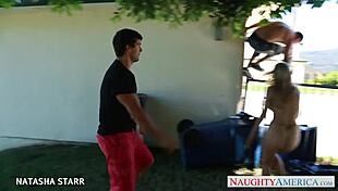 The busty blonde Natasha Star, with her big tits, encounters a giant cock and starts fucking it intensely.