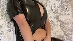 Big natural tits covered in latex masturbation kneading tits