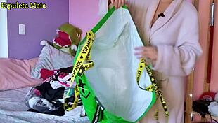 hot brazilian brunette shows her panties and lingerie collection to us