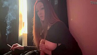 Italian long hair big tits Artemisia Love performs dildo handjob while smoking cigarette