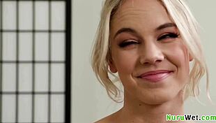 Sexy blonde teen masseuse gives wet nuru massage and sucks horny client