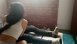 Horny young girl masturbates and sucks cock