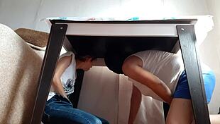 We hide under the table from our stepparents to masturbate - lesbian illusion girls