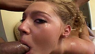 Blonde teen with nice tits performs oral on five men and receives facials