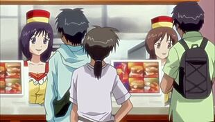 boss touches his young employee while treating a customer in this hentai