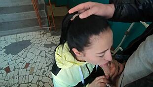 girl gives RISKY BLOWJOB, swallows MOUTHFUL OF CUM on public staircase