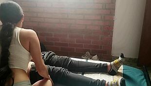 Horny young girl masturbates and sucks cock