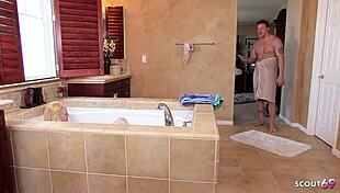 Blonde step-sister with saggy tits and hairy pussy caught masturbating in bathtub and seduced to risky fuck