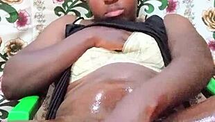 Naughty Black Crossdresser Stroking Big Oiled Dick Until Cumshot