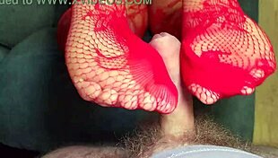 footjob from bbw milf in red lace stockings black panties