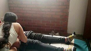 Horny young girl masturbates and sucks cock