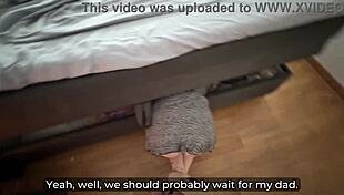 The stepson exploits the helpless stepmother trapped under the bed