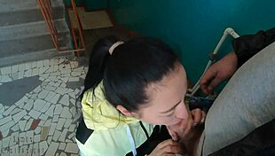girl gives RISKY BLOWJOB, swallows MOUTHFUL OF CUM on public staircase