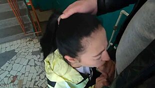 girl gives RISKY BLOWJOB, swallows MOUTHFUL OF CUM on public staircase