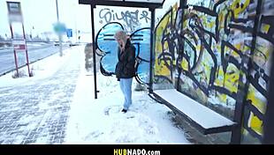 hot blonde flashes her natural tits at the busy bus stop in sexy lingerie 😘