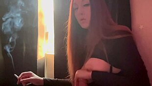 Italian long hair big tits Artemisia Love performs dildo handjob while smoking cigarette