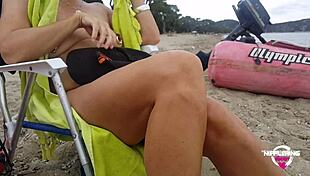 kinky mother flashing pierced pussy and nipples at public beach
