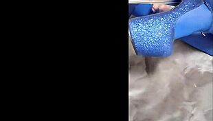 Sexy pantyhose and blue high heels on display