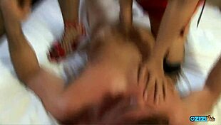 Busty babe in fishnets gets shaved pussy stuffed