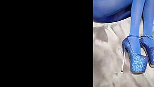 Sexy pantyhose and blue high heels on display