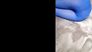 Sexy pantyhose and blue high heels on display