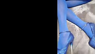 Sexy pantyhose and blue high heels on display