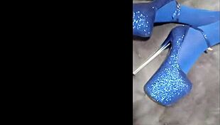 Sexy pantyhose and blue high heels on display