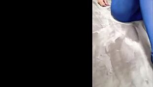 Sexy pantyhose and blue high heels on display