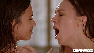 Two busty curvy babes passionately get oiled and fuck giant cock