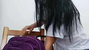 a student in short skirt masturbates with dildo like a whore