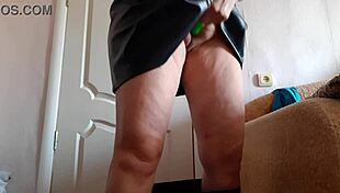 milf secretary in leather skirt masturbates in office with sex toy