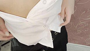 step-sister rubs wet pussy against my cock in miniskirt, no penetration