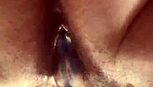 Up close, curvy girl with hairy pussy uses glass dildo for masturbation 😍