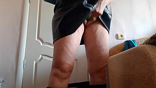 milf secretary in leather skirt masturbates in office with sex toy