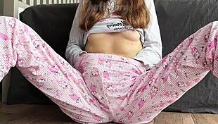 omg, asian teen in pajamas squirts big while masturbating shaved pussy closeup 😍💦