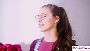 Busty lesbian intensely licks petite model's shaved pussy