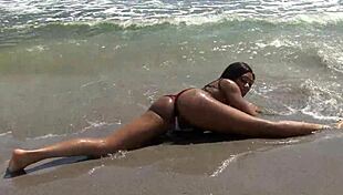 Ebony Babe Rips Clothes For Public Beach Dildo Fucking