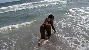 Ebony Babe Rips Clothes For Public Beach Dildo Fucking