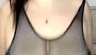 Intense fucking huge natural tits in stockings on body mesh from above