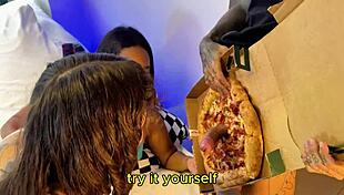 Girls NIGHT with TWO HORNY SLUTS turns into THREESOME with PIZZA DUDE